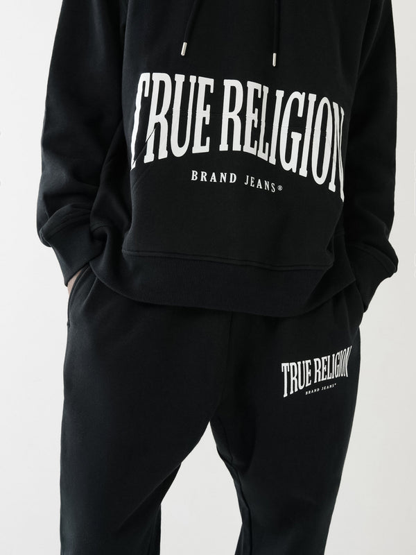 True Religion Relaxed Hoodie Stretch Arch Jet Black
