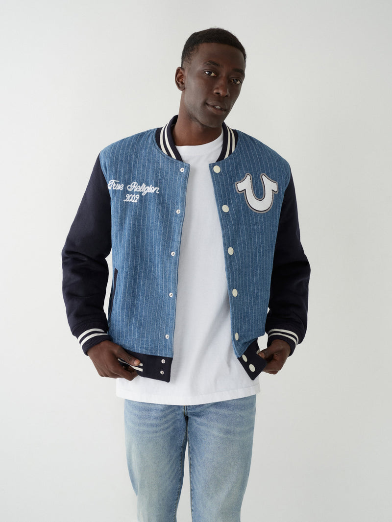 True Religion Jacket Varsity Pinstripe Bomber Dress Blue