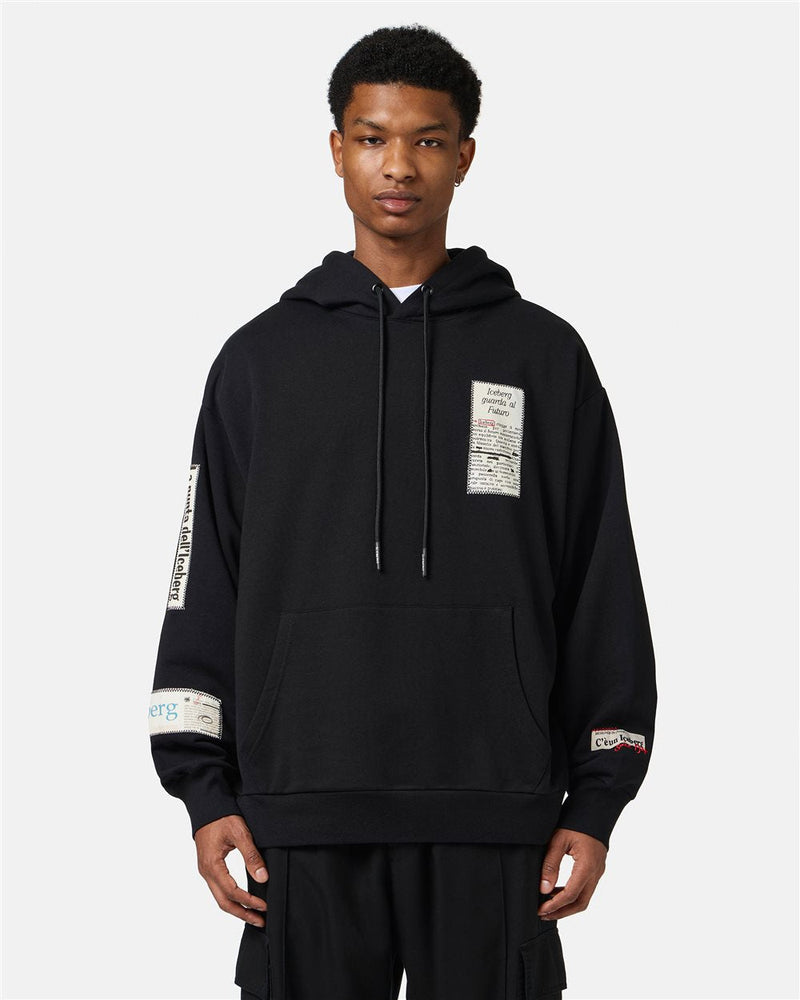 Iceberg Relaxed Fit Cotton Hoodie With Newspaper Print