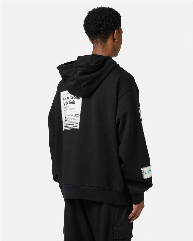 Iceberg Relaxed Fit Cotton Hoodie With Newspaper Print